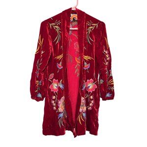 Johnny Was Sidonia Red Velvet Embroidered Kimono With Floral Bishop Sleeves XS